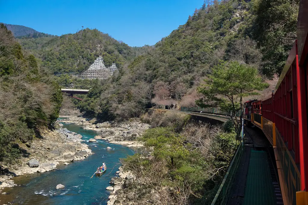 Aussicht auf den Fluss von der Sagano Romantic Train