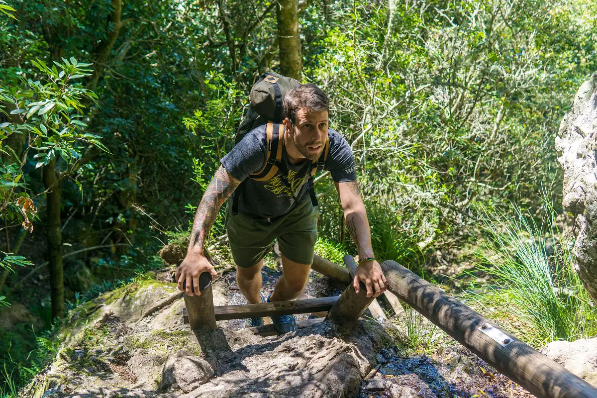 Marco klettert eine Leiter auf dem Skeleton Gorge Smuts Track hoch