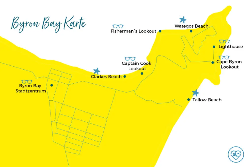Byron Bay Karte mit Sehenswürdigkeiten, Stränden und Aussichtspunkten