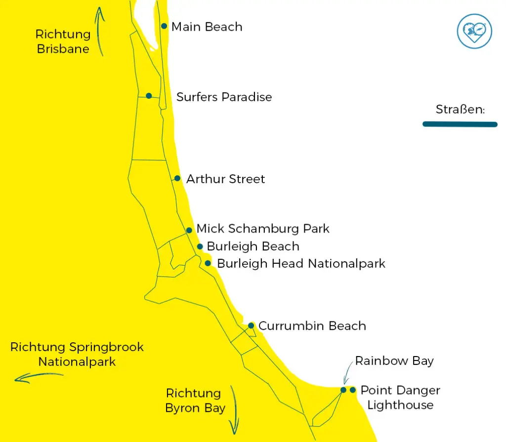 Gold Coast Australien Karte mit unseren Stopps und Sehenswürdigkeiten