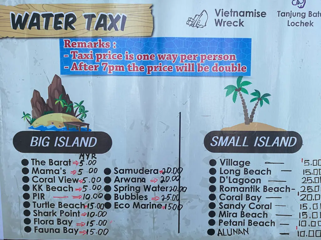 Preisliste für die Wassertaxis auf der Insel
