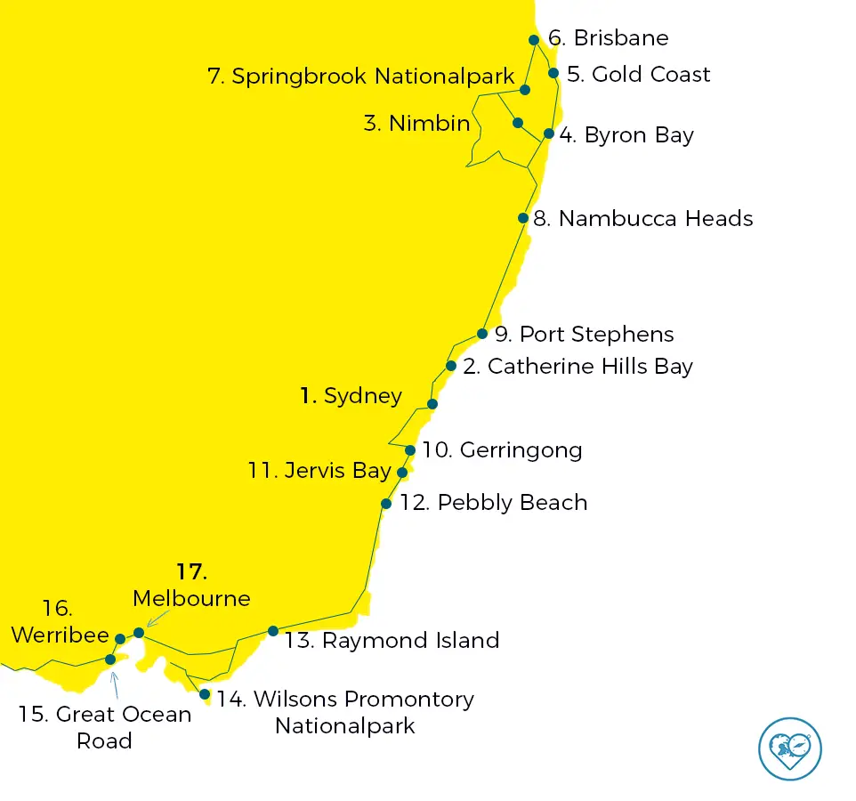 Eine Australien Rundreise Karte unserer Route an der Ostküste