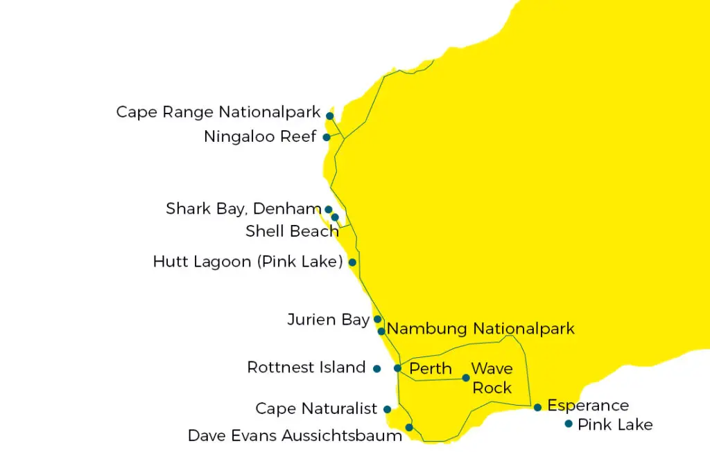Eine Karte mit Sehenswerten Orten für Westaustralien